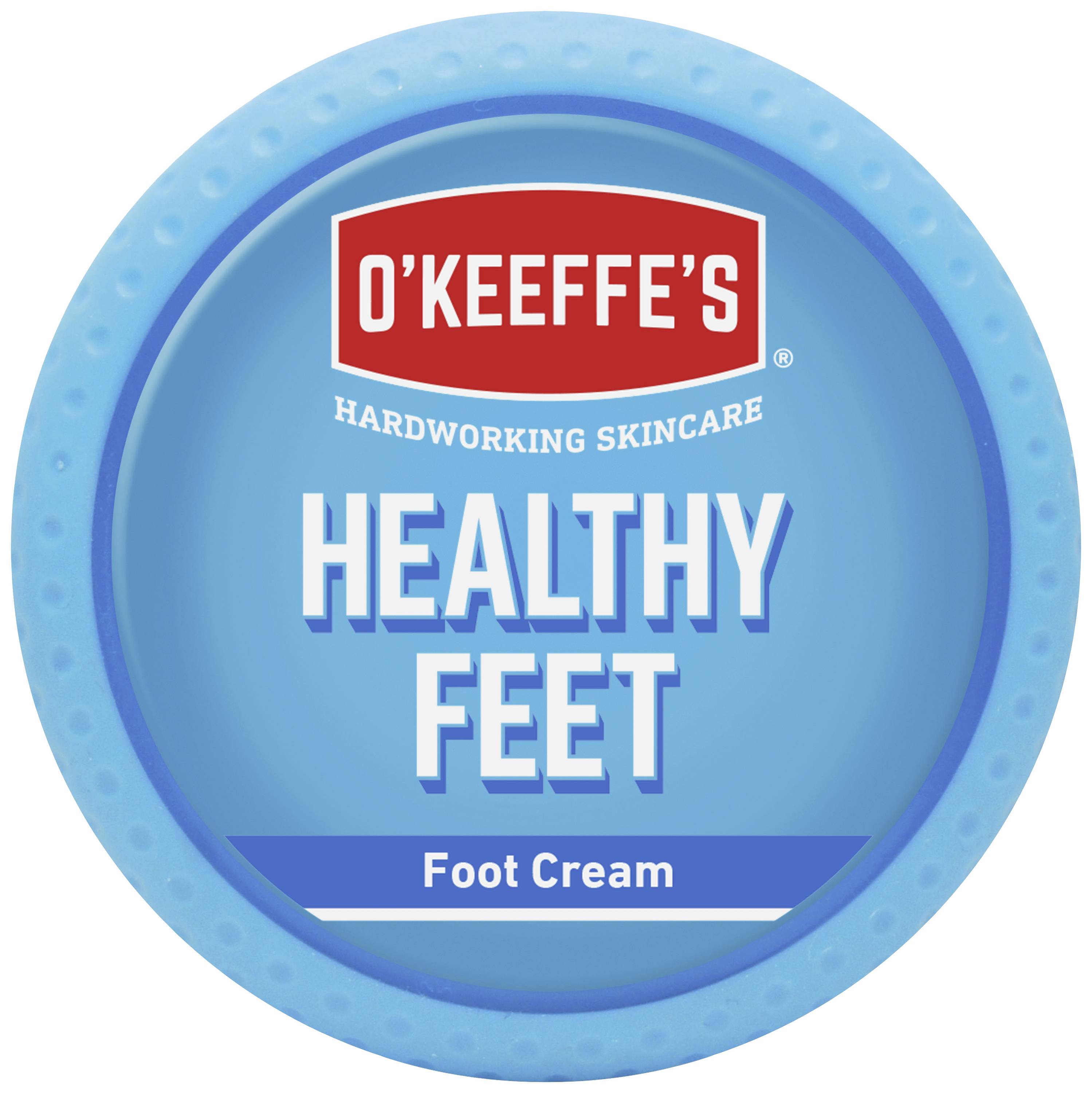 Boîte de crème pour les pieds O'Keeffe's 'Healthy Feet', design bleu, texte 'SOIN DE LA PEAU TRAVAILLEUR', Pour des soins des pieds sains.