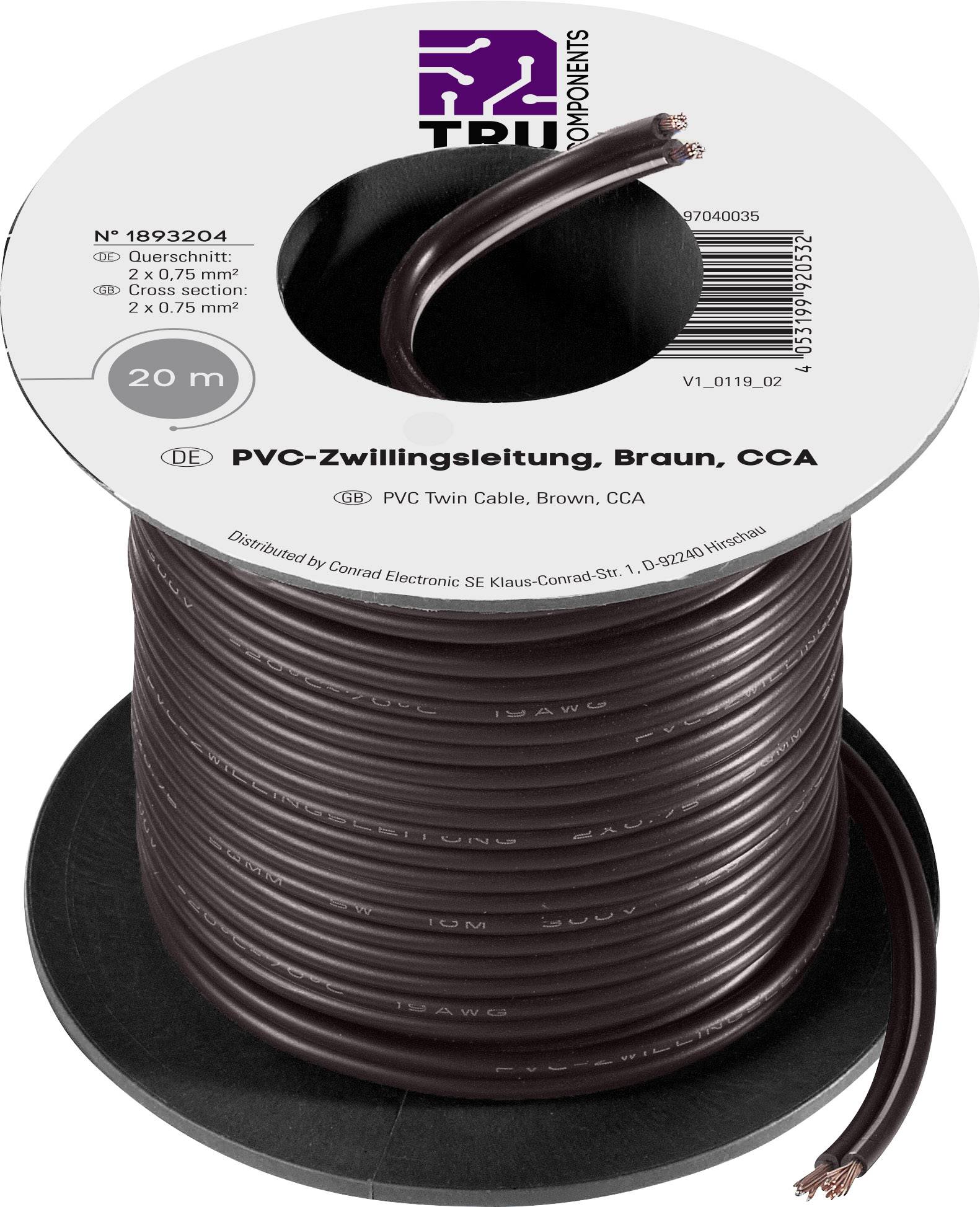 Un rouleau de câble jumeau en PVC brun de TRU Components, de 20 m de long et de section de 0,75 mm².