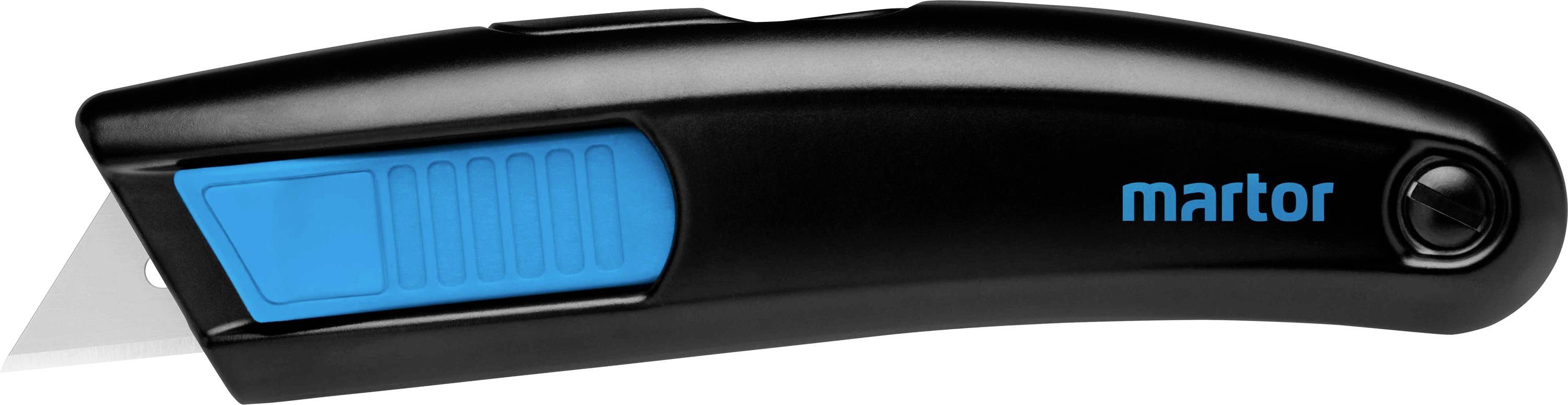 Un cutter de sécurité noir avec une lame de sécurité bleue, ergonomiquement conçu, le logo 'martor' est visible sur le côté.