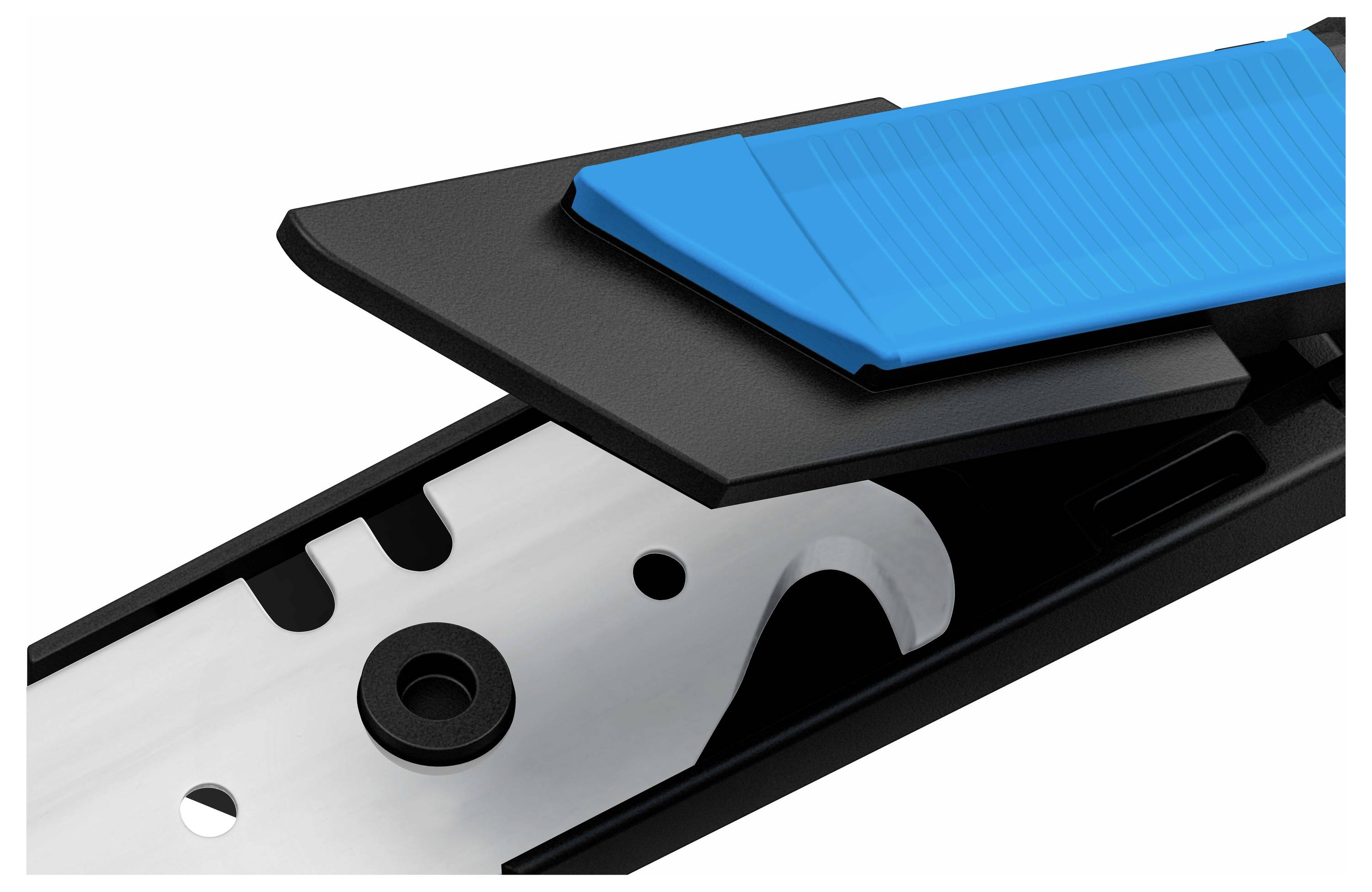 Gros plan d'un composant mécanique avec une couverture bleue et noire, masquant une pièce métallique avec un trou.