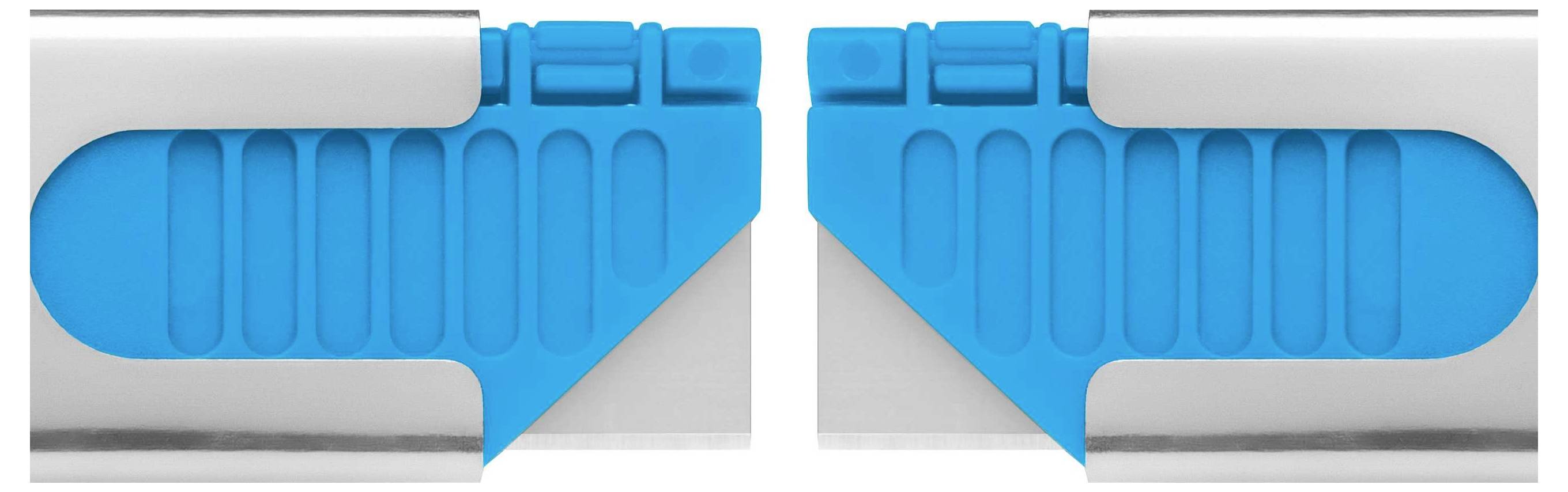 Deux éléments métalliques argentés avec des profilés en caoutchouc bleu présentent une connexion symétrique.