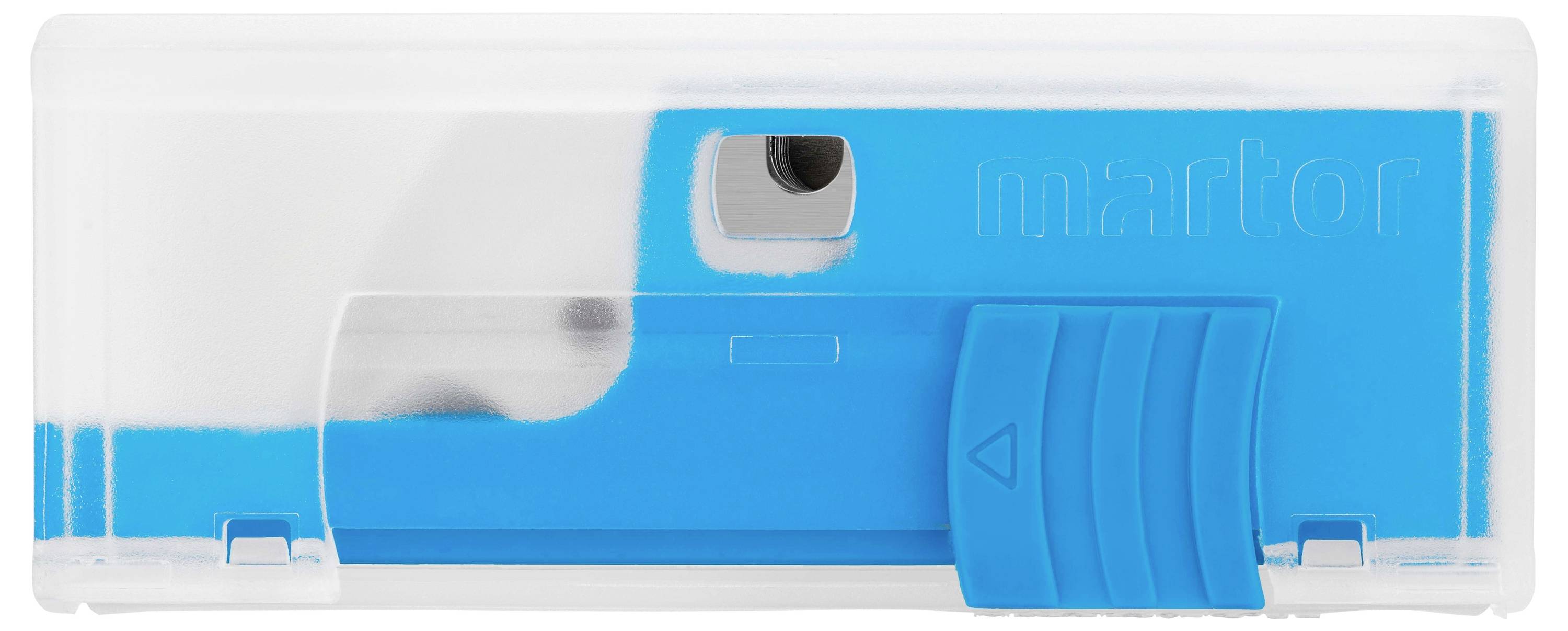 Un boîtier en plastique bleu et blanc avec un curseur et une pointe métallique visible. Probablement un instrument de bureau ou d'écriture.