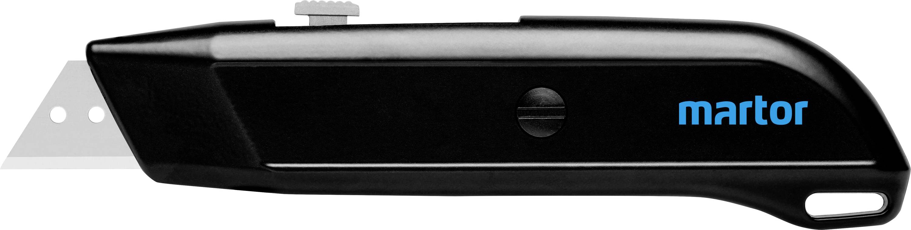 Un couteau de sécurité noir avec une lame rétractable et un logo bleu 'martor'. Son but est de couper des matériaux en toute sécurité.