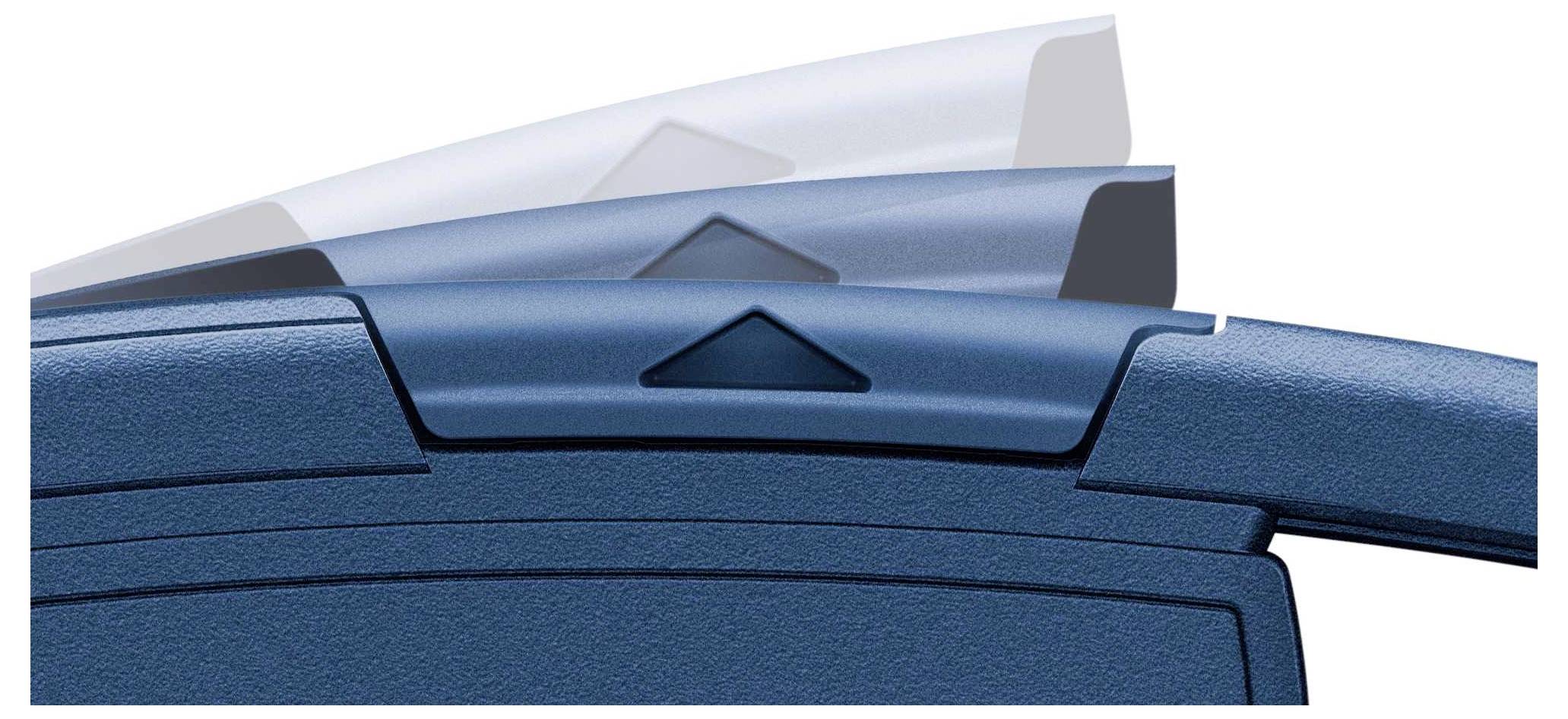 Un mécanisme de charnière en plastique bleu montre comment deux éléments peuvent se replier parfaitement l'un sur l'autre.