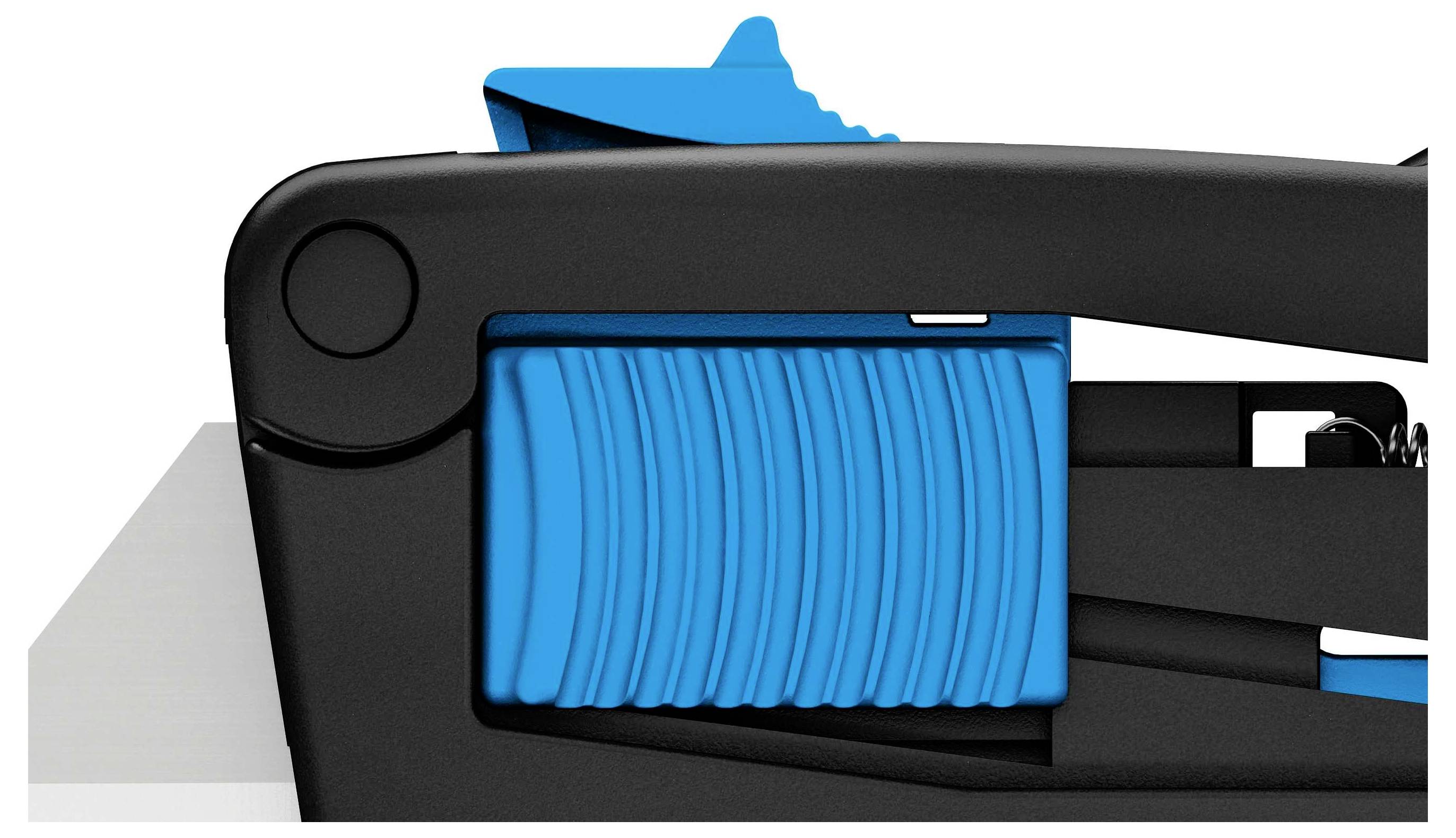 Coupe-ongles latéral noir avec vis moletée bleue sur un fond blanc.