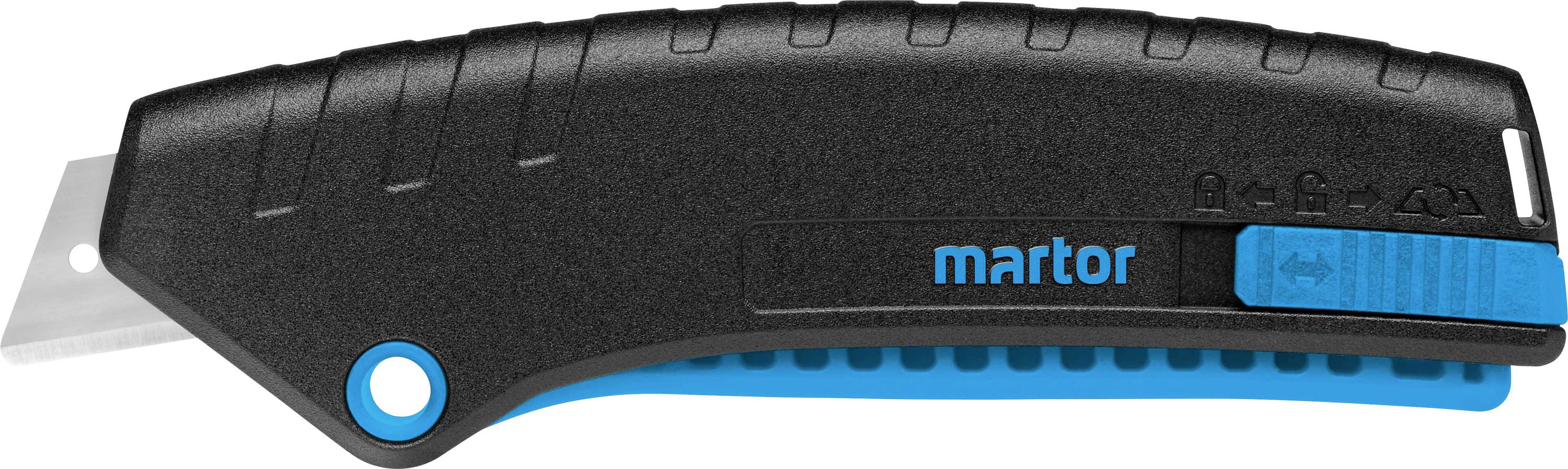Un couteau de sécurité noir avec un curseur bleu et une lame sur laquelle est inscrit le nom 'martor'.