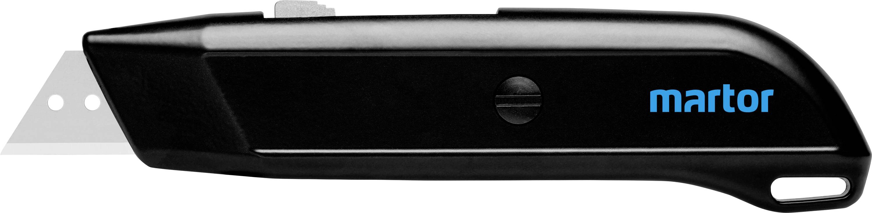 Un couteau de sécurité noir avec une lame amovible et le logo bleu 'martor' sur le côté. Idéal pour couper.