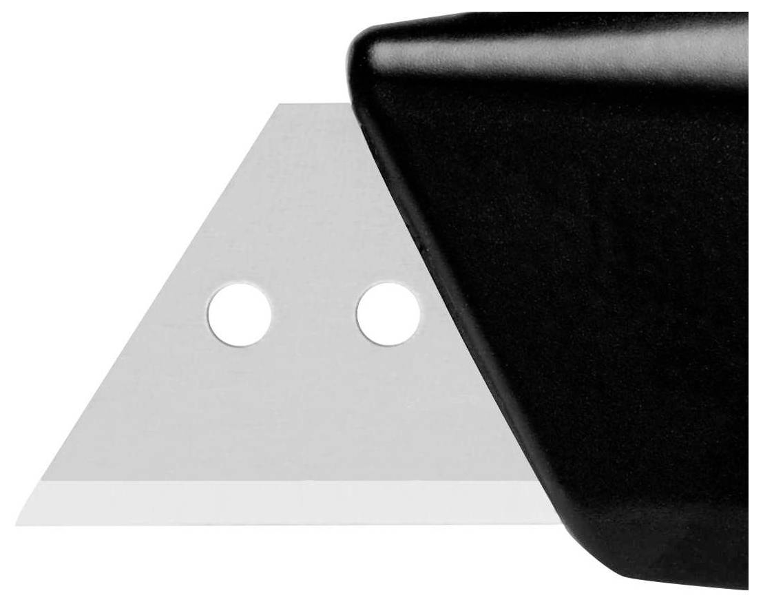 Une pièce de lame de rechange argentée à côté d'une poignée noire, présentée en gros plan pour une vue détaillée de sa forme et de ses trous.