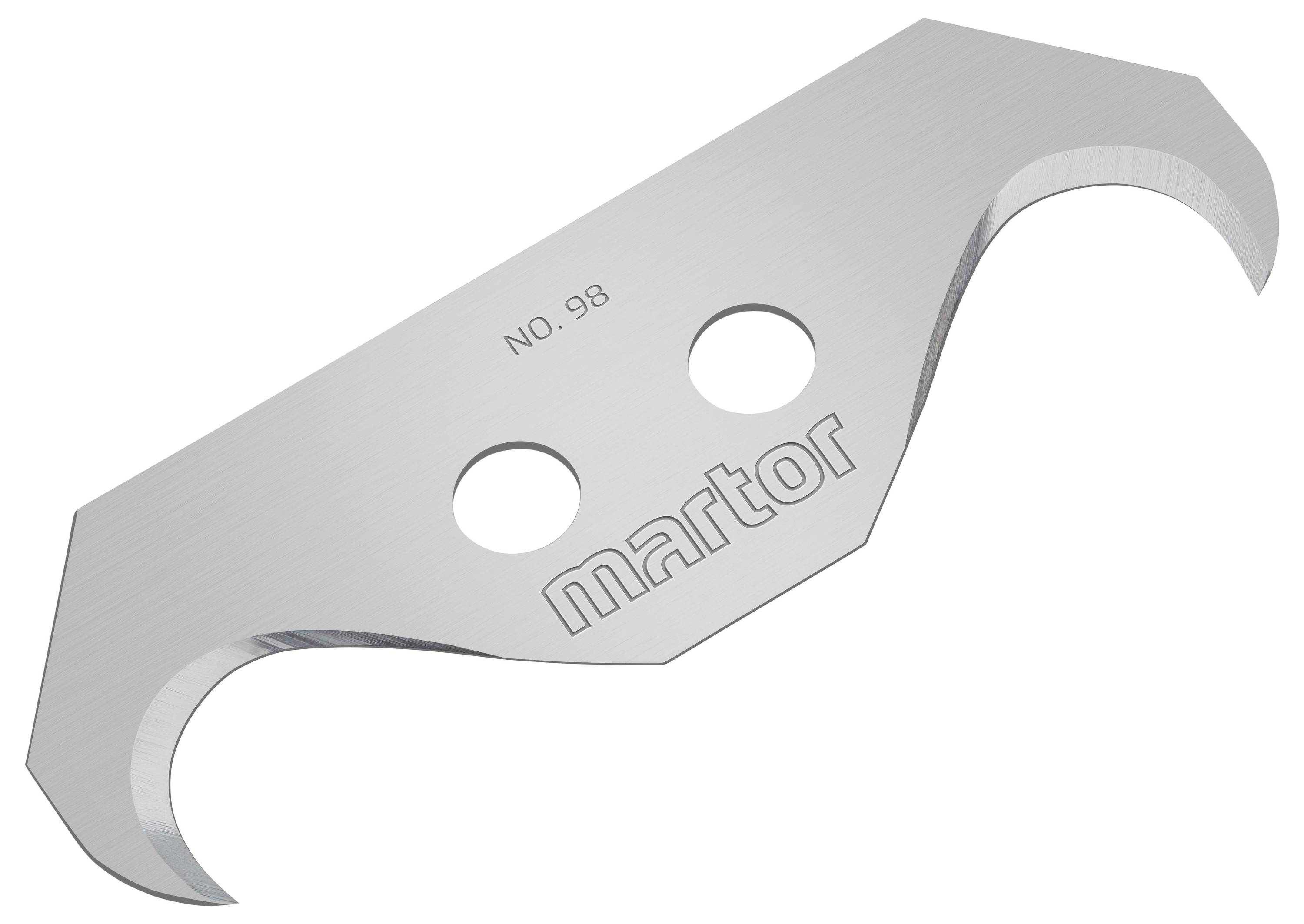 Un couteau de rechange argenté avec deux trous ronds et portant les inscriptions 'martor' et 'NO. 98'.