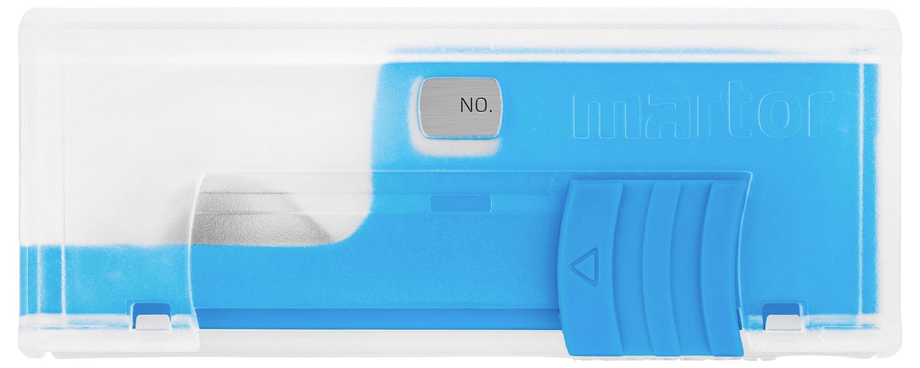 Un rouleau correcteur bleu et blanc avec poignée coulissante et bouton 'NO', utilisé pour masquer les erreurs de texte sur du papier.