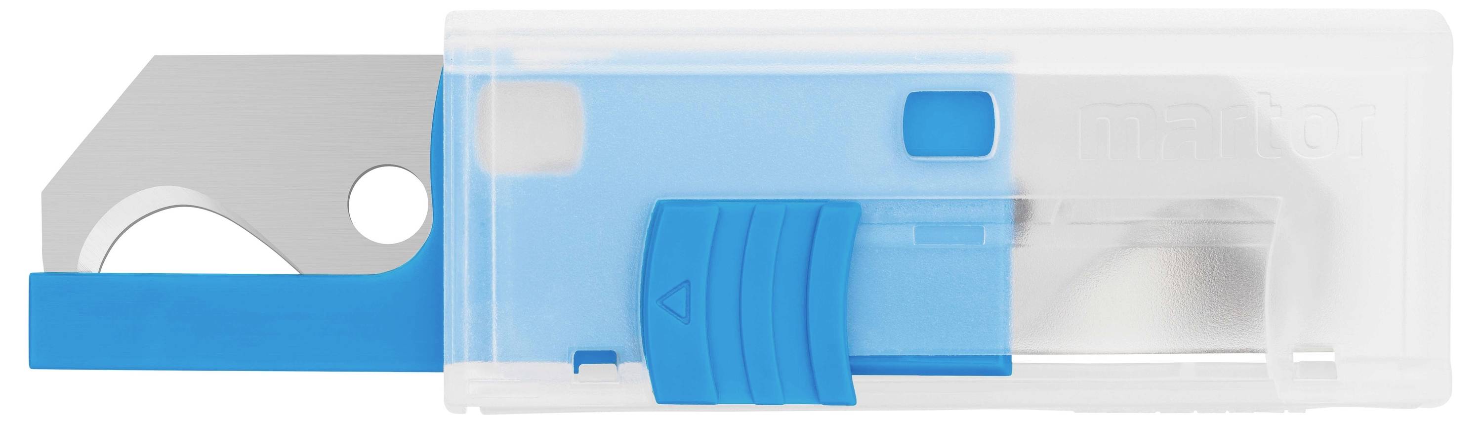 Un distributeur de lames de sécurité blanc et bleu avec une lame en métal et un mécanisme coulissant, partiellement transparent, montrant le support de lame.