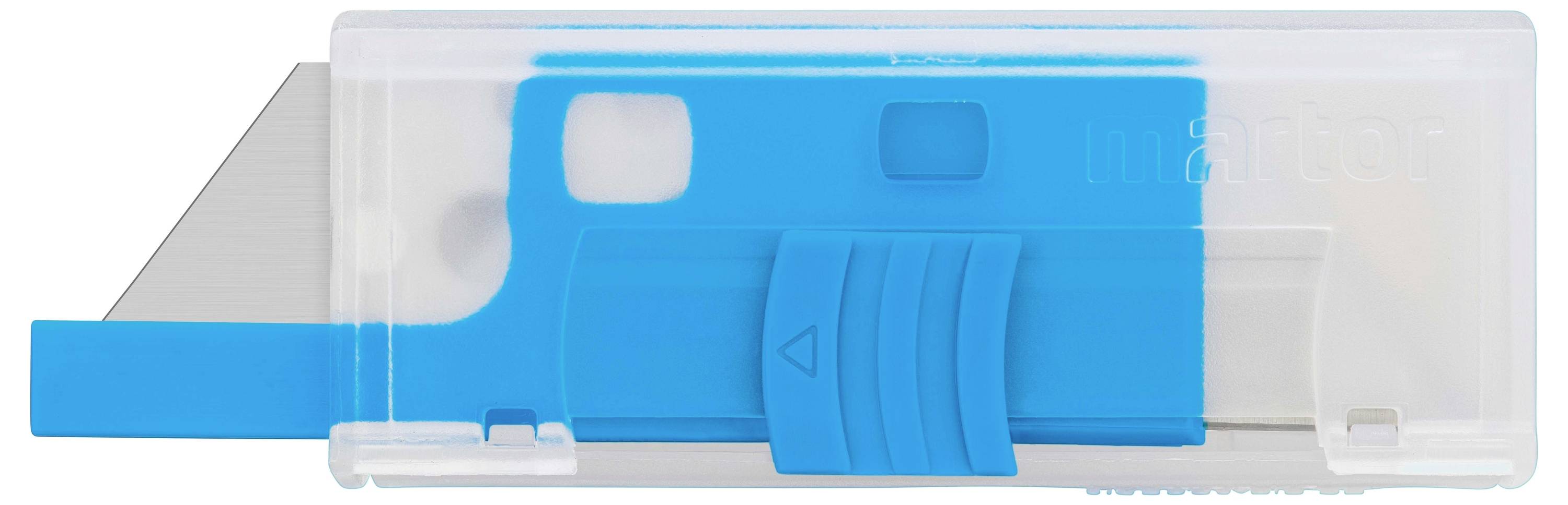 Un support de couteau en plastique bleu avec fonction coulissante et lame métallique visible. Le support est partiellement transparent.