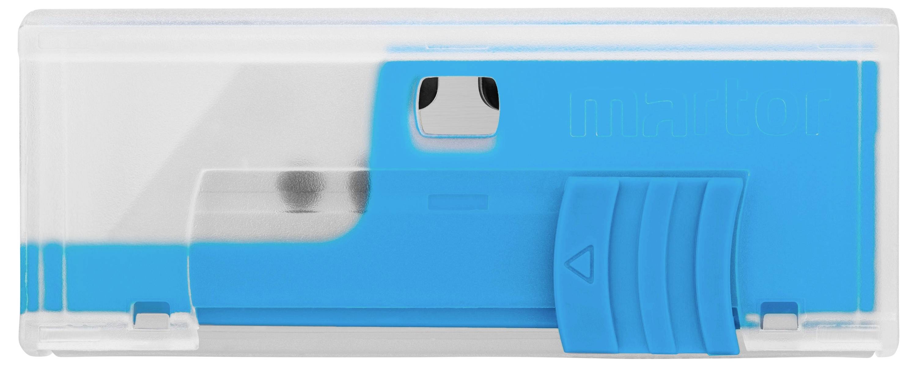 Un boîtier en plastique blanc et bleu avec un mécanisme coulissant, probablement destiné au rangement ou à la protection de petits objets.