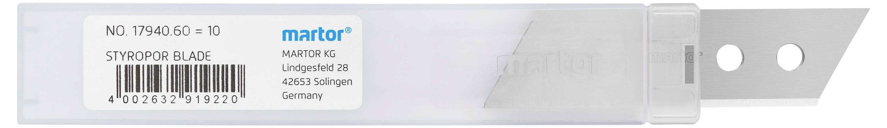 Emballage d'une lame 'Synograph Blade', avec détails d'adresse et code-barres.