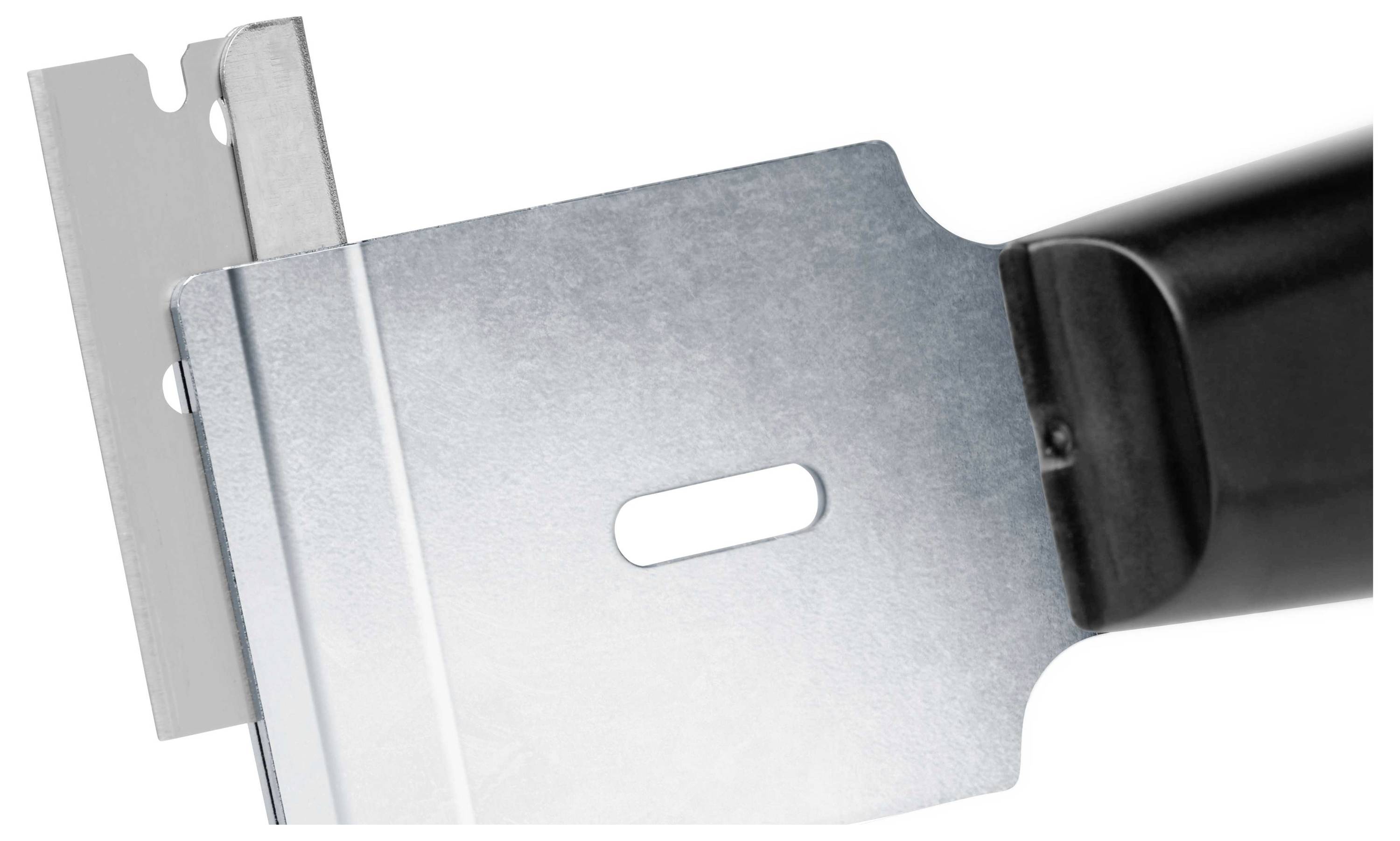 Grattoir en métal avec manche noir et lame interchangeable, utilisé pour enlever les peintures ou les autocollants des surfaces lisses.