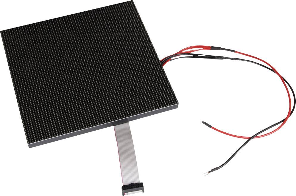 Panneau LED à surface noire, avec des câbles rouges et noirs sur la droite ainsi qu'un câble en nappe gris en bas.
