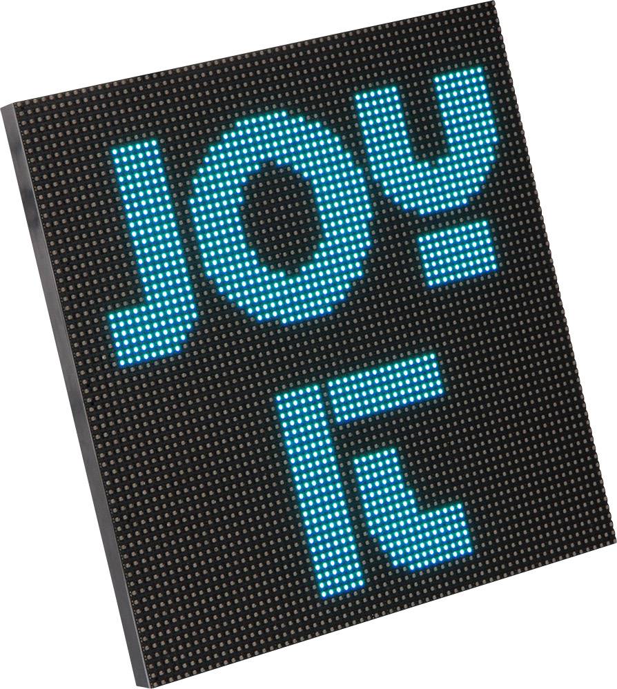 L'affichage LED montre le mot 'JOY' en grandes lettres bleu vif sur un fond noir.