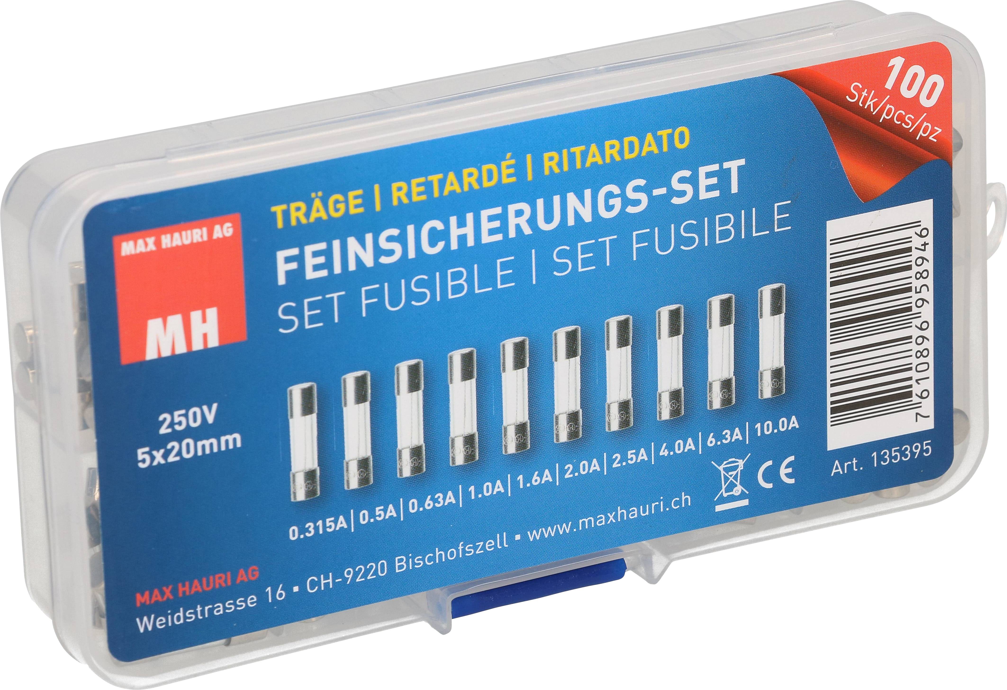 Coffret de fusibles fins comprenant 10 fusibles (250V, 5x20mm) de différentes intensités allant de 0,1A à 10A, rangés dans un boîtier transparent.