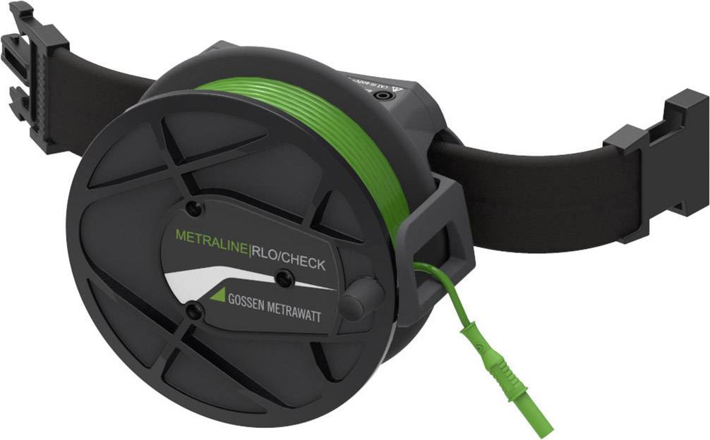 Appareil de test électrique avec boîtier noir et enrouleur de câble vert, étiqueté 'METRALINE RLO-CHECK'.