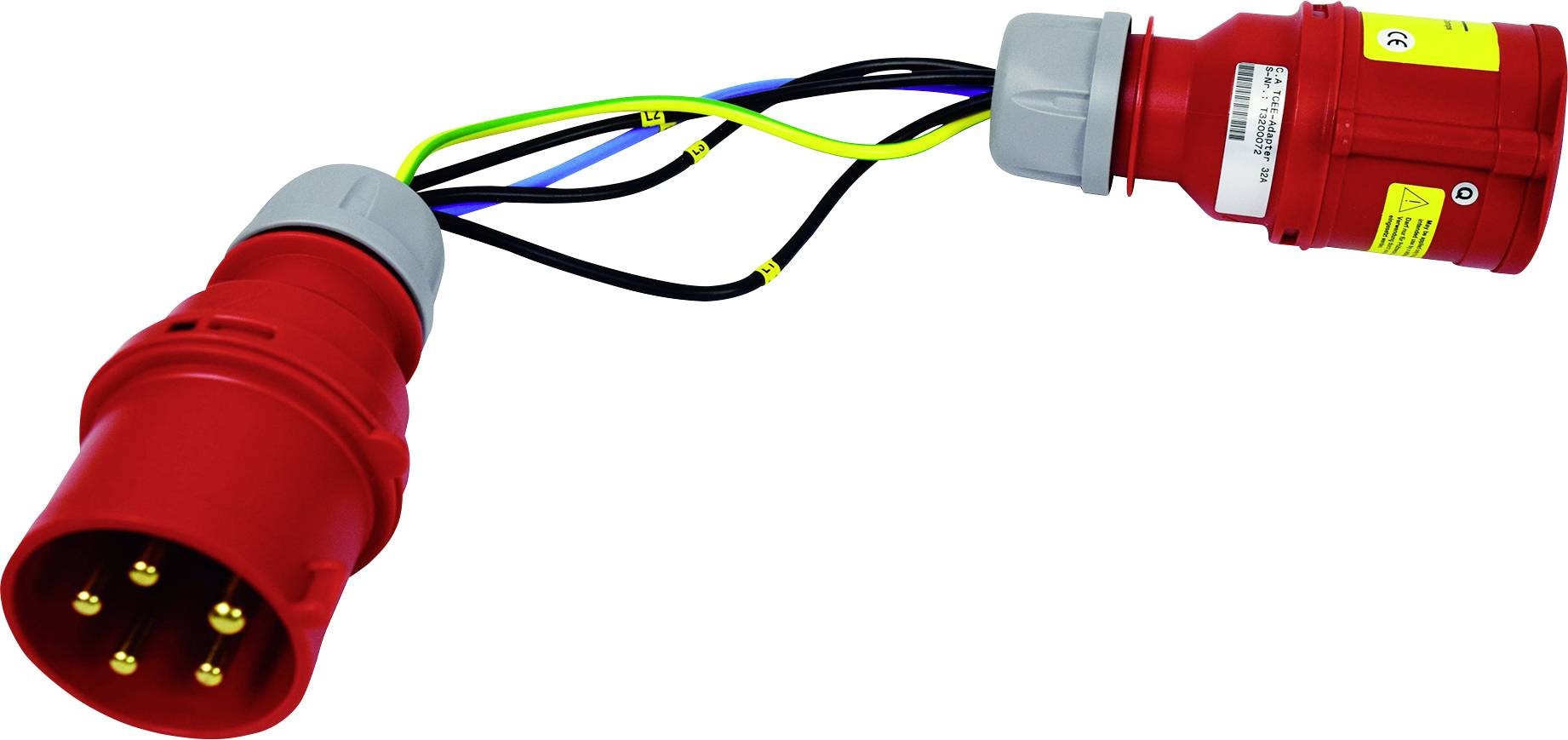 Deux fiches industrielles rouges avec six contacts dorés et des câbles colorés sont connectées. Elles conviennent pour des connexions électriques puissantes.