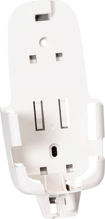 Un support blanc vertical avec des ouvertures et des points de fixation, adapté à la fixation murale d'un appareil ou d'un capteur.