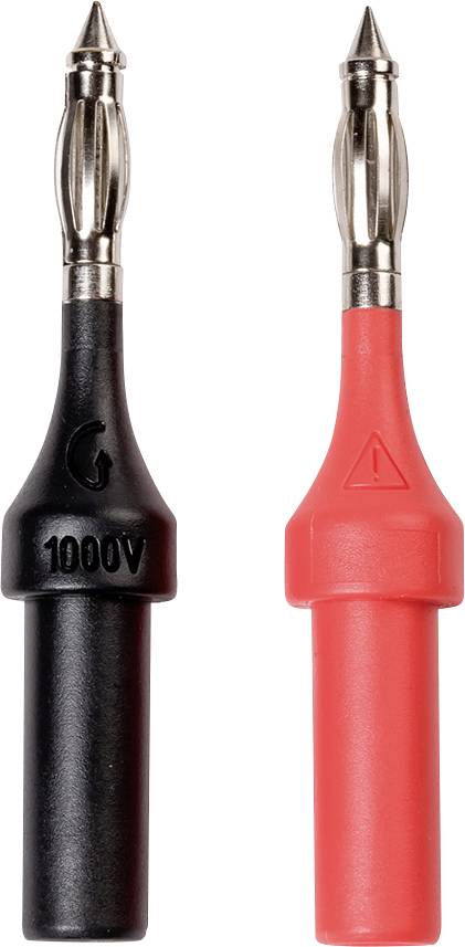 Pointe de câble de mesure noire et rouge. La pointe noire est marquée '1000V'. Les deux ont des embouts métalliques et un boîtier en plastique.