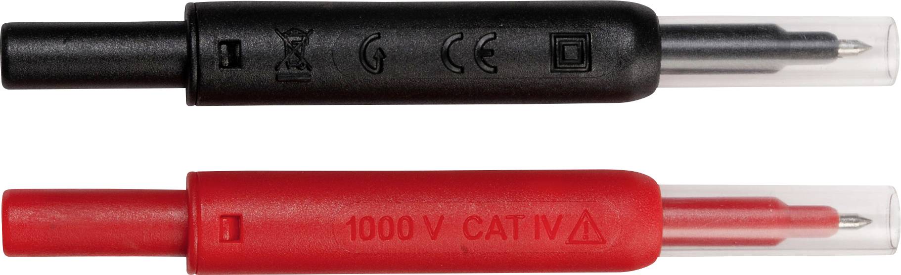 Un embout de testeur électrique noir et rouge. Le rouge porte l'inscription « 1000 V CAT IV ».