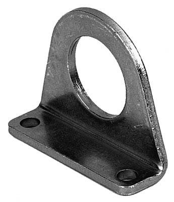Un équerre métallique en L avec un grand trou rond en haut et deux petits trous sur le côté plat pour la fixation.
