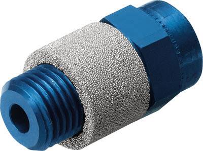 Raccord métallique bleu avec un filtre argenté, probablement destiné aux systèmes pneumatiques ou hydrauliques, isolé sur fond blanc.