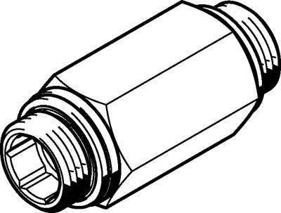Un diagramme en noir et blanc représente un raccord de tuyauterie hexagonal avec filetage externe à chaque extrémité.