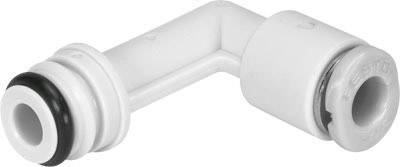 Un connecteur angulaire blanc en plastique avec joint torique, couramment utilisé dans les installations sanitaires ou les systèmes d'irrigation.