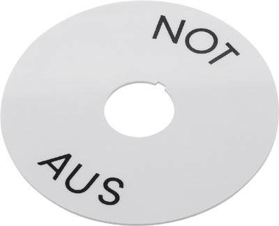 Disque blanc avec un trou en son centre, portant les lettres noires 'NOT AUS', qui indiquent un interrupteur d'arrêt d'urgence.