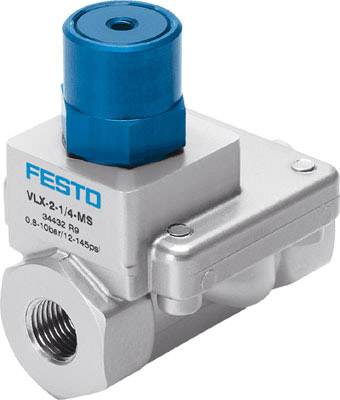 Une vanne Festo argentée et industrielle avec un composant bleu, marquée 'VLX-2-1/4-MS', spécifications de pression : 0,8-10 bar/12-145 psi.