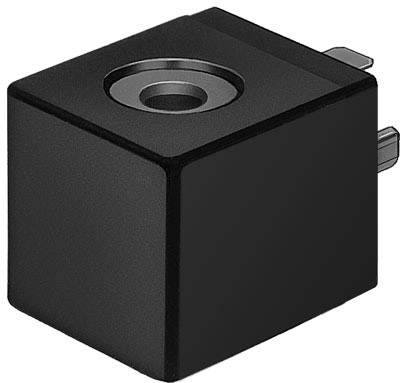 Composant électrique noir en forme de cube, avec des contacts de connexion sur le côté et un trou rond sur le dessus.