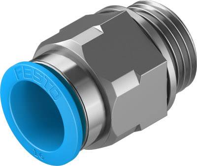 Adaptateur métallique en acier inoxydable avec anneau de raccordement bleu, utilisé dans les systèmes pneumatiques pour des connexions de tuyaux sécurisées.
