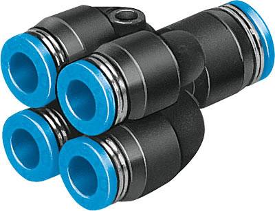 Distributeur en plastique noir pour tuyau d'air, avec quatre raccords bleus disposés en forme de croix.