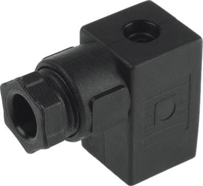 Un connecteur en plastique noir de forme carrée avec une connexion latérale. Adapté aux applications industrielles.