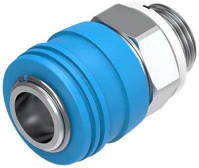 Un raccord pneumatique bleu avec filetage métallique et mécanisme de verrouillage, adapté aux applications d'air comprimé dans les systèmes industriels.