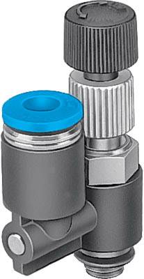 Une vanne de régulation de pression gris-bleu avec plusieurs composants échelonnés et un bouton de réglage. Utilisée dans les systèmes hydrauliques pour l'ajustement de la pression.