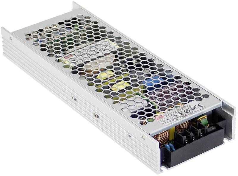 Un boîtier métallique rectangulaire à motif alvéolé, montrant des composants électroniques d'une alimentation électrique, visibles à travers le couvercle.
