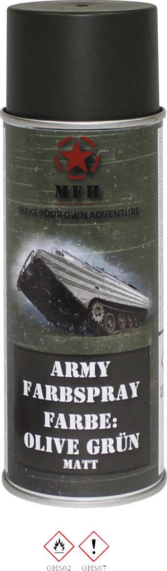 Bombe aérosol avec peinture en spray mate de couleur vert olive. L'étiquette représente un véhicule militaire, la marque est MakeYourOwnAdventure Army Farbspray.