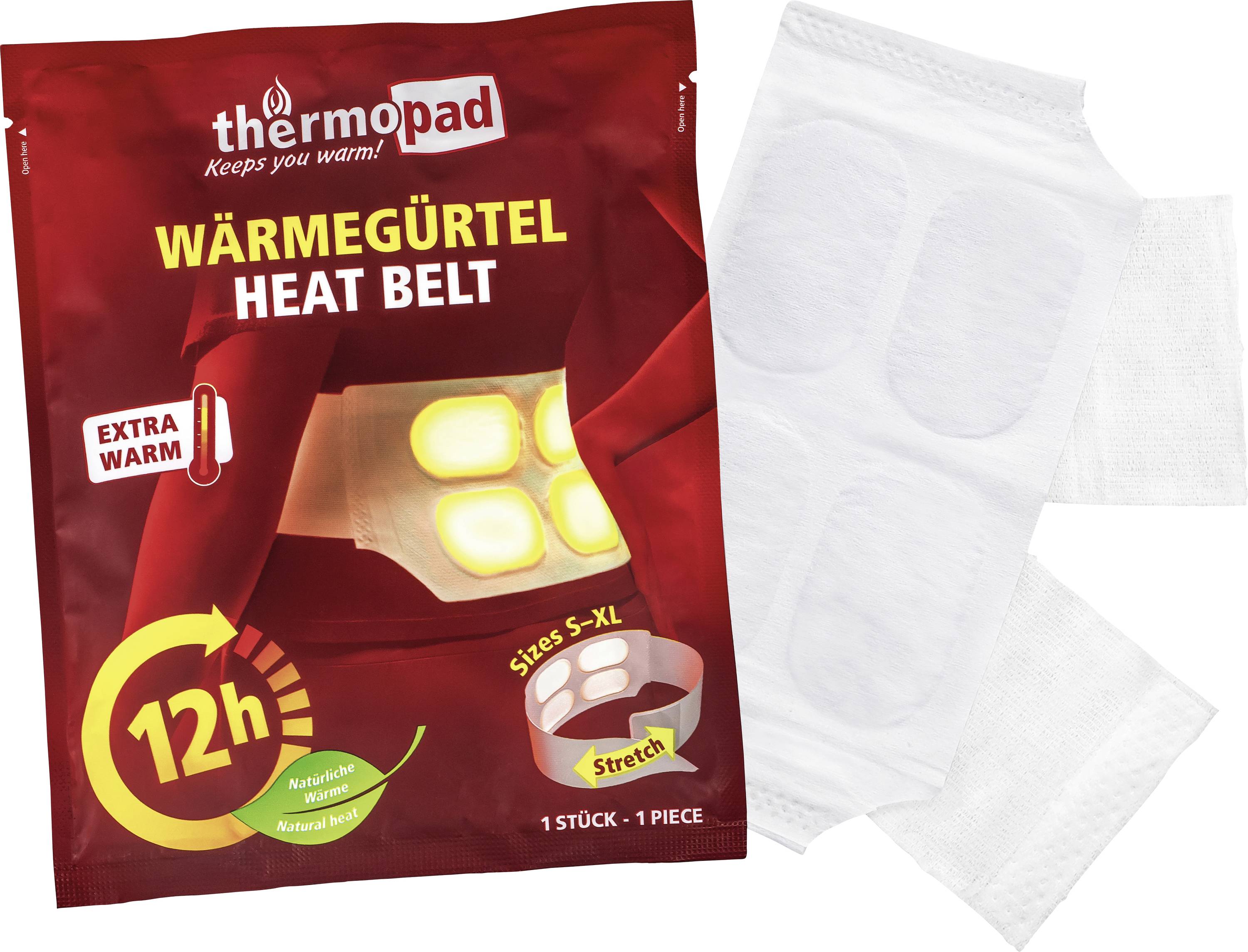 Emballage et contenu de la 'Ceinture Thermique Thermopad' pour soulager la douleur, montrant l'emballage avec le texte 'Extra Chaud 12h' et une ceinture blanche.