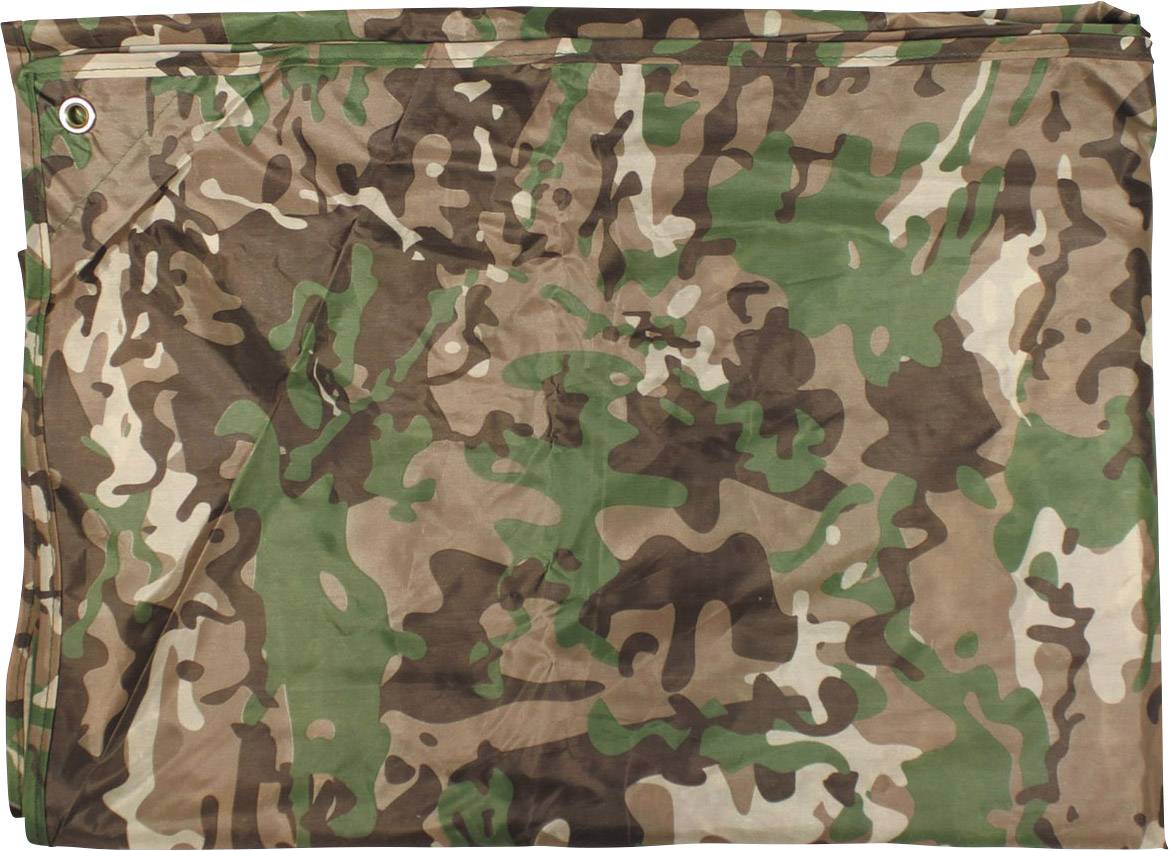 Une bâche pliée avec un motif de camouflage dans des tons de brun. Elle possède un œillet métallique en haut à gauche pour la fixation.