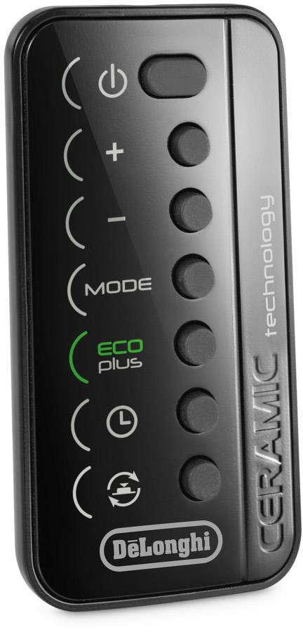Télécommande noire avec l'inscription 'CERAMIC technology'. Touches pour le réglage de la température, le mode, Eco-Plus et la minuterie. Marque DeLonghi.