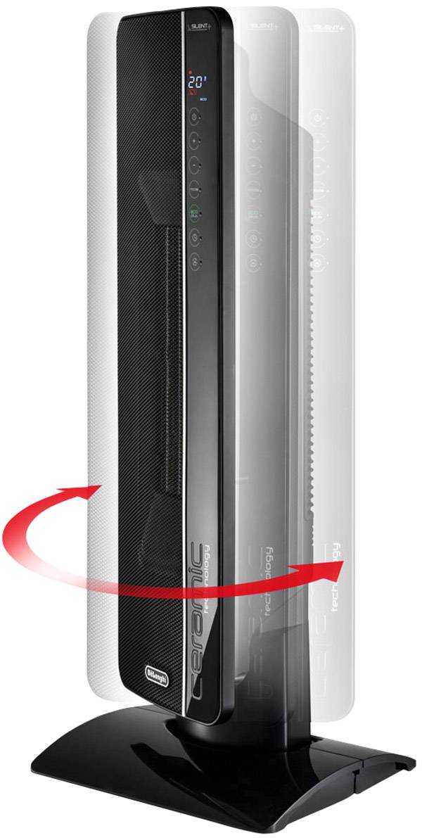 Un ventilateur tour noir avec fonction oscillante. Le ventilateur présente des boutons de commande et un affichage numérique pour l'indication de la température.