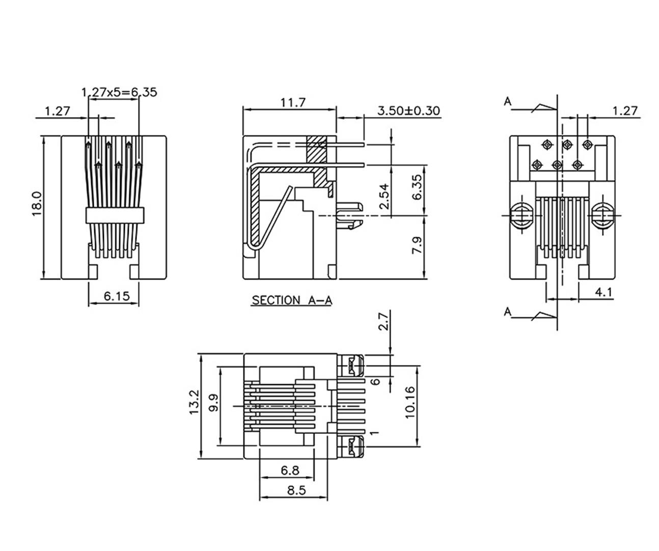 Connecteur RJ12 encitech RJJU-66-125-E3H-011 3253-0002-03 RJ12 embase femelle horizontale noir