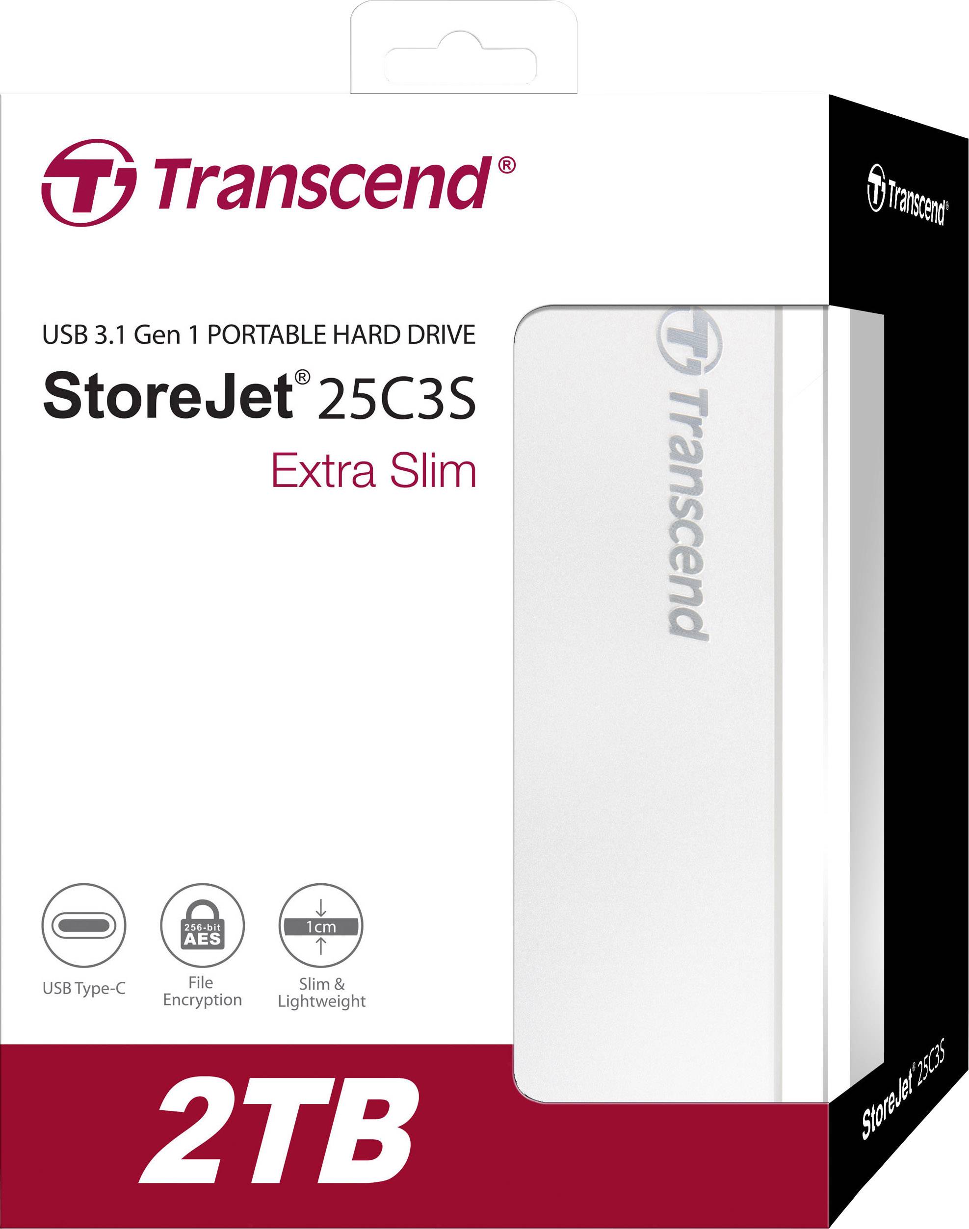 Disque dur externe Transcend StoreJet 25C3S, USB 3.1 Gen 1, 2 To, design élégant. Fonctionnalités : USB Type-C, chiffrement de fichiers.