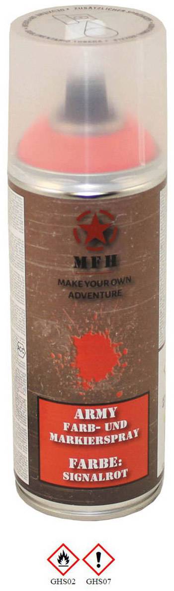 Bombe aérosol avec couvercle rouge. Inscription : 'Spray de couleur et de marquage Army, Couleur : Rouge signal'. Symboles d'avertissement pour substances irritantes et dangereuses.