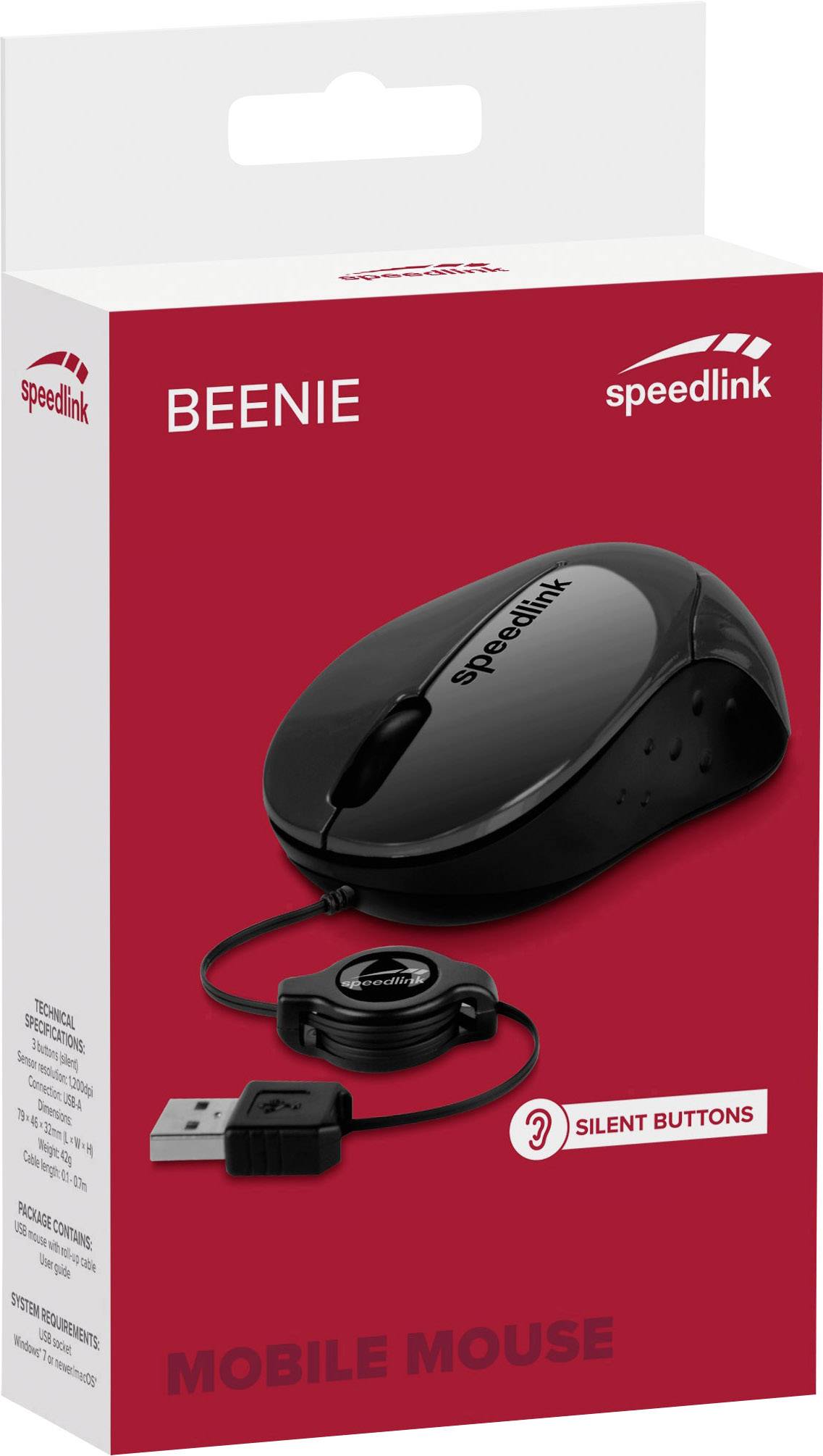 SpeedLink BEENIE Souris USB optique noir 3 Boutons 1200 dpi avec enrouleur de câble