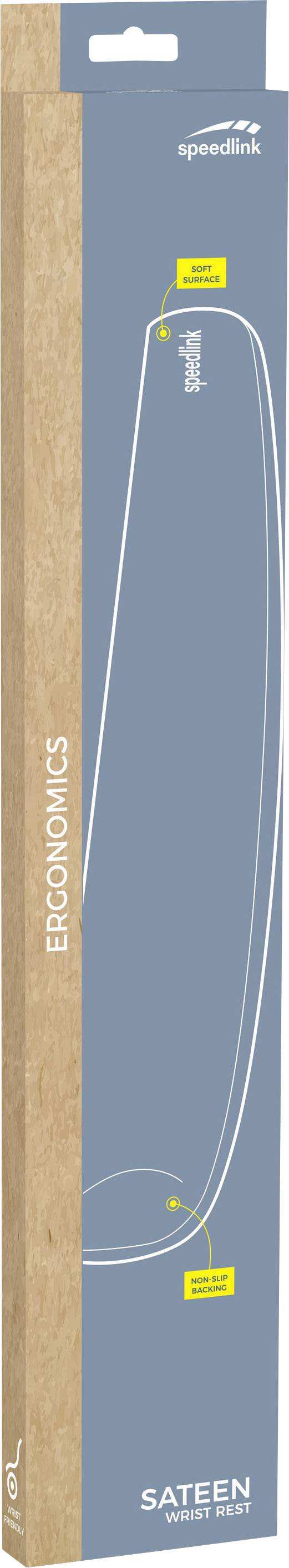 Emballage d'un produit ergonomique, bleu-gris avec un bord brun. Logo de la marque en haut, 